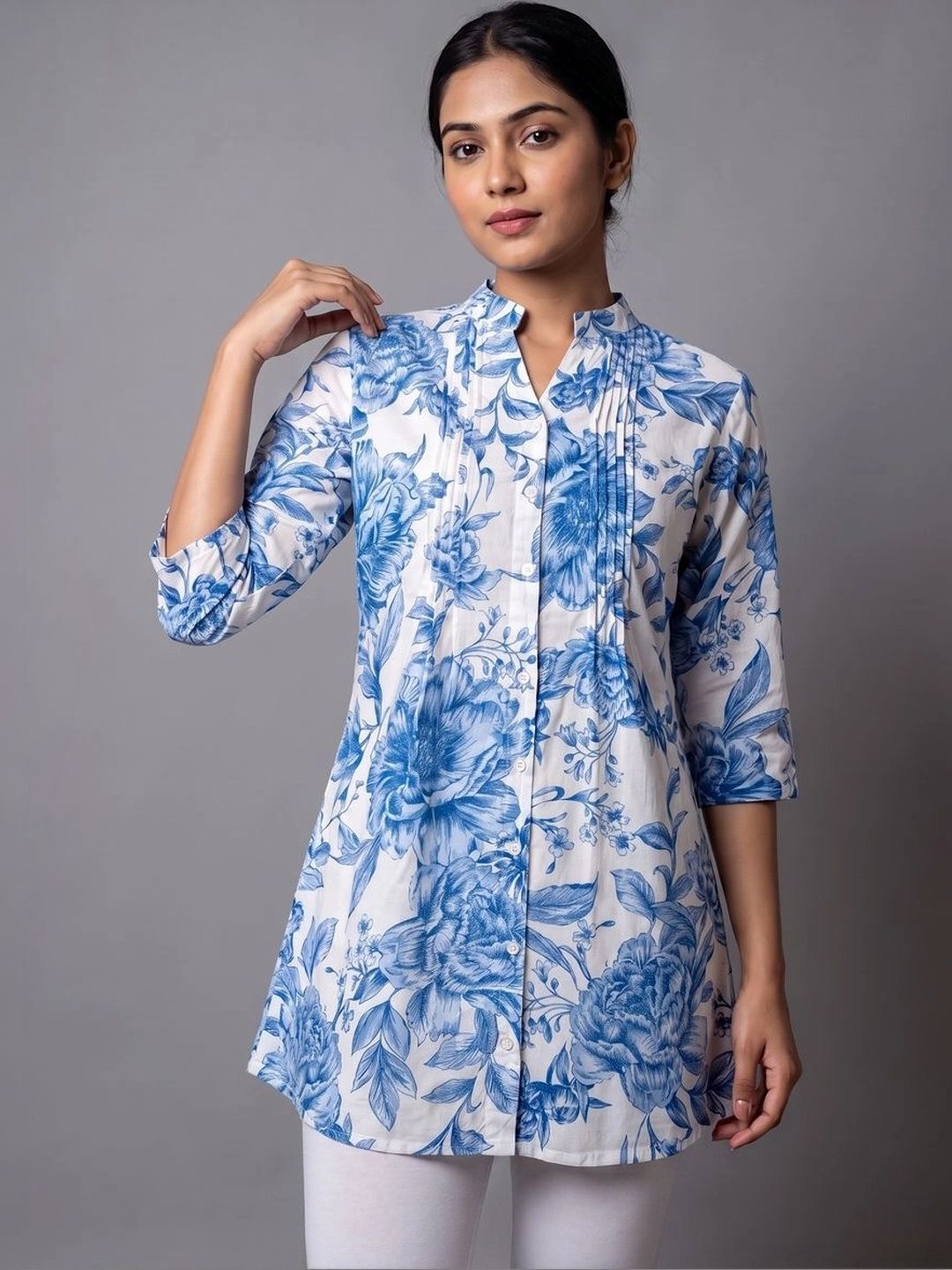 Hive91 Floral Printed Mandarin Collar Tunic