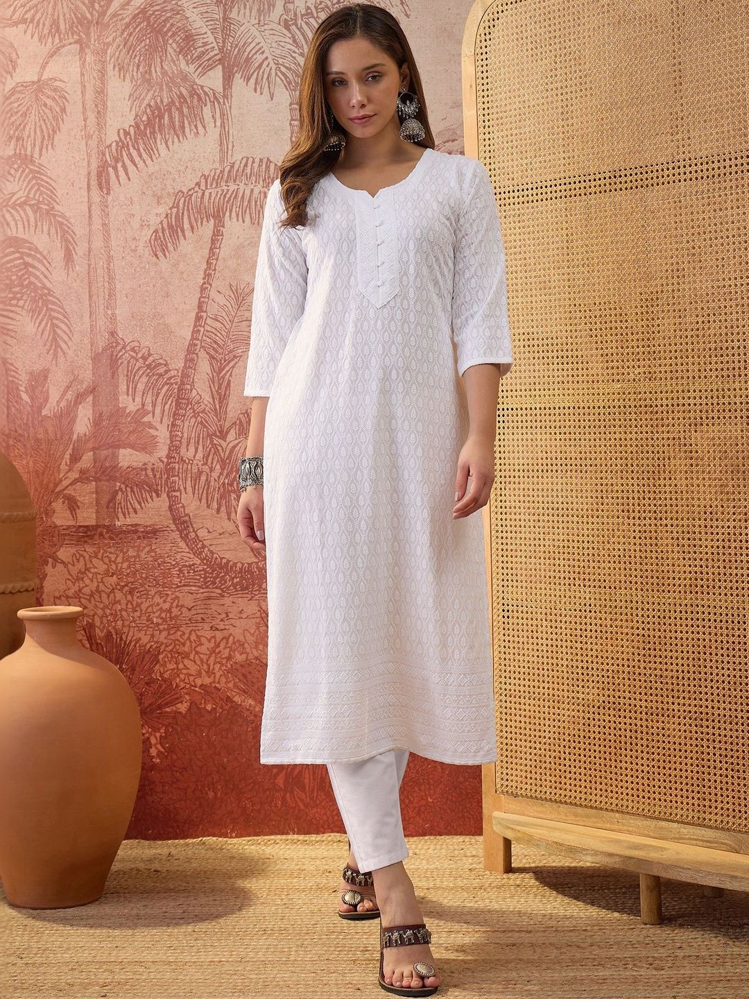 Sangria Embroidered  Round Neck Calf Length Straight Kurtas