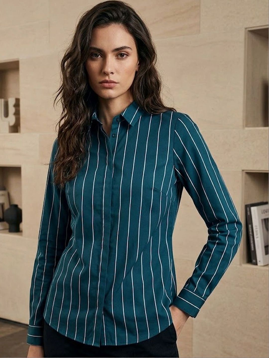 Hancock Women Teal Blue Slim Fit Striped Casual Shirt