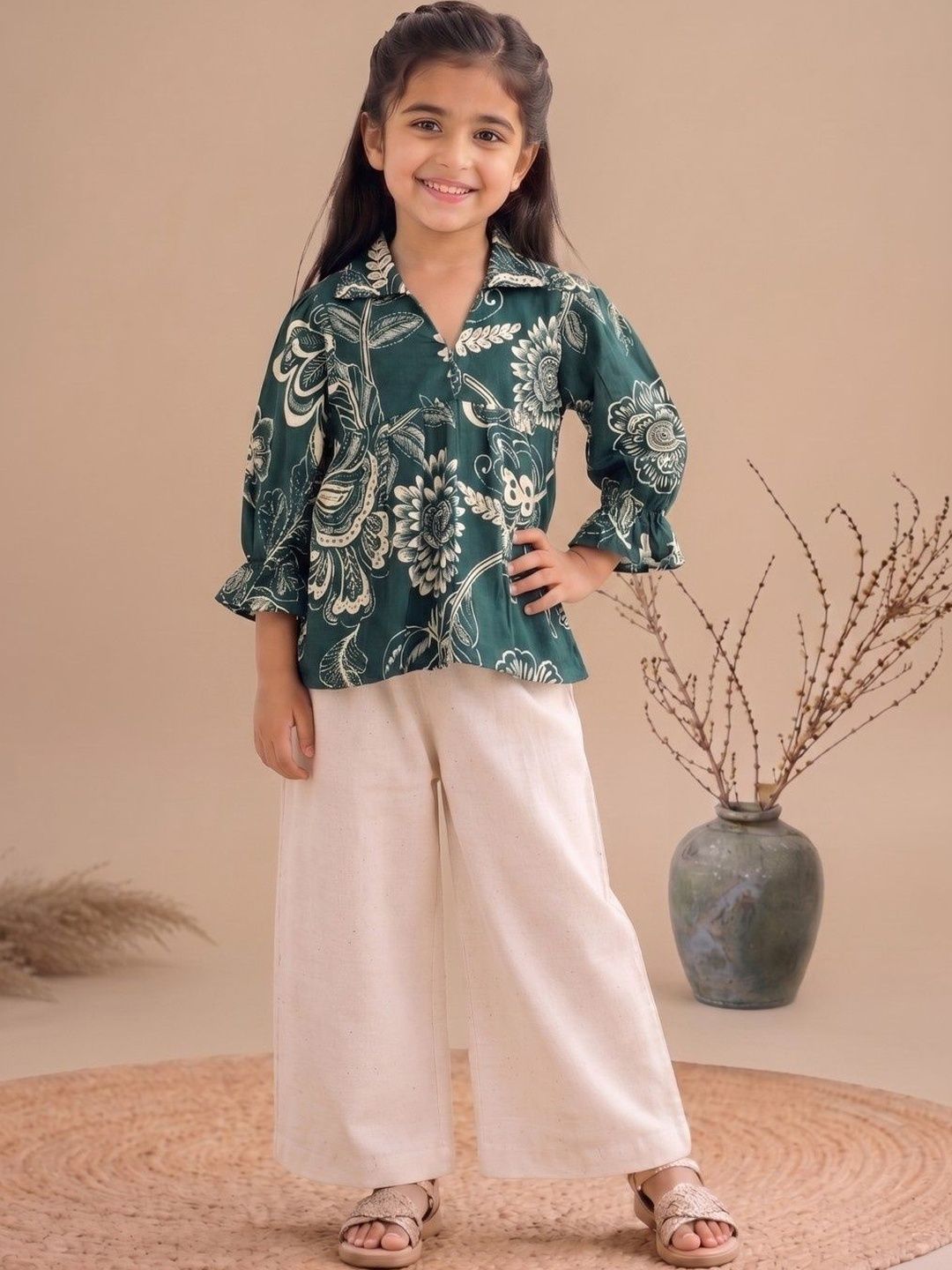 Girls Floral Printed Regular Pure Cotton Top with Palazzos