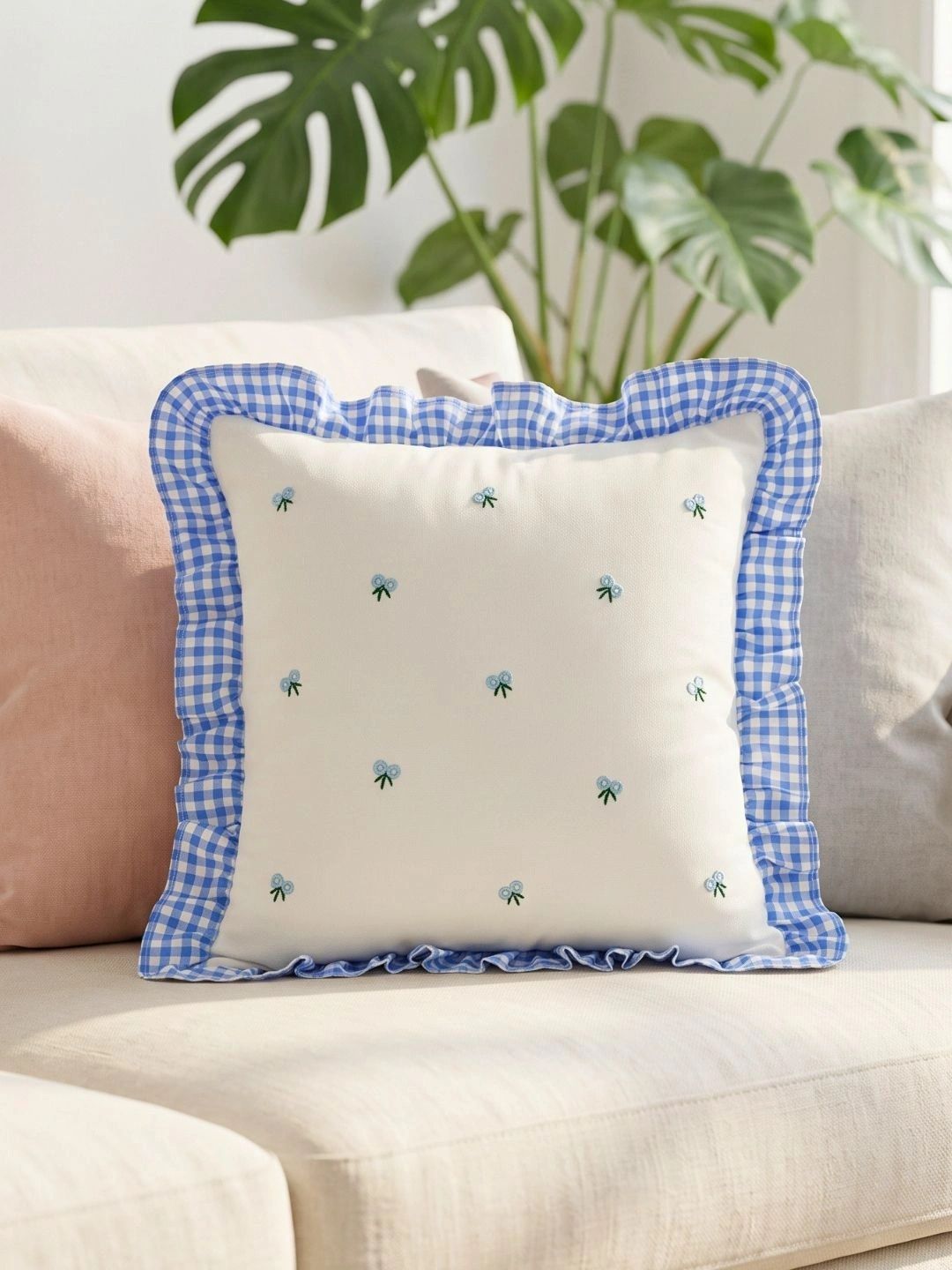 SLEEPY THREADS White & Blue Floral Square Embroidered Cushion Covers