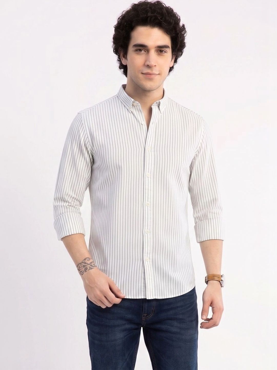 URBANICE Men White Classic Striped Button-Down Collar Slim Fit Cotton Casual Shirt