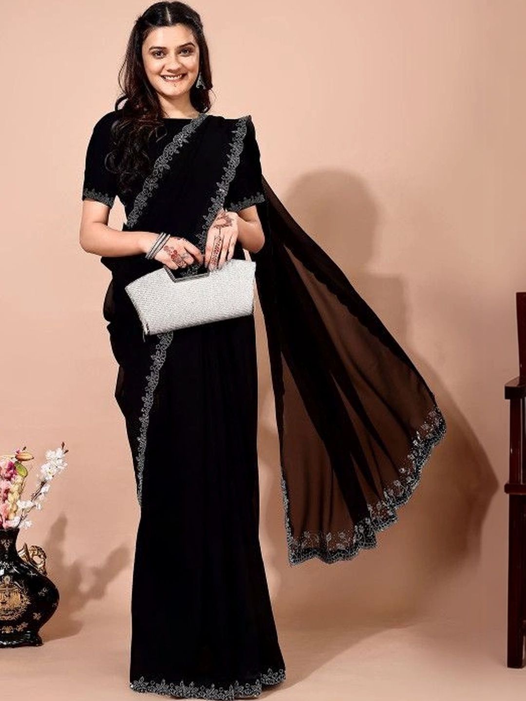 Leelavati Women Embellished Beads and Stones Pure Chiffon Saree
