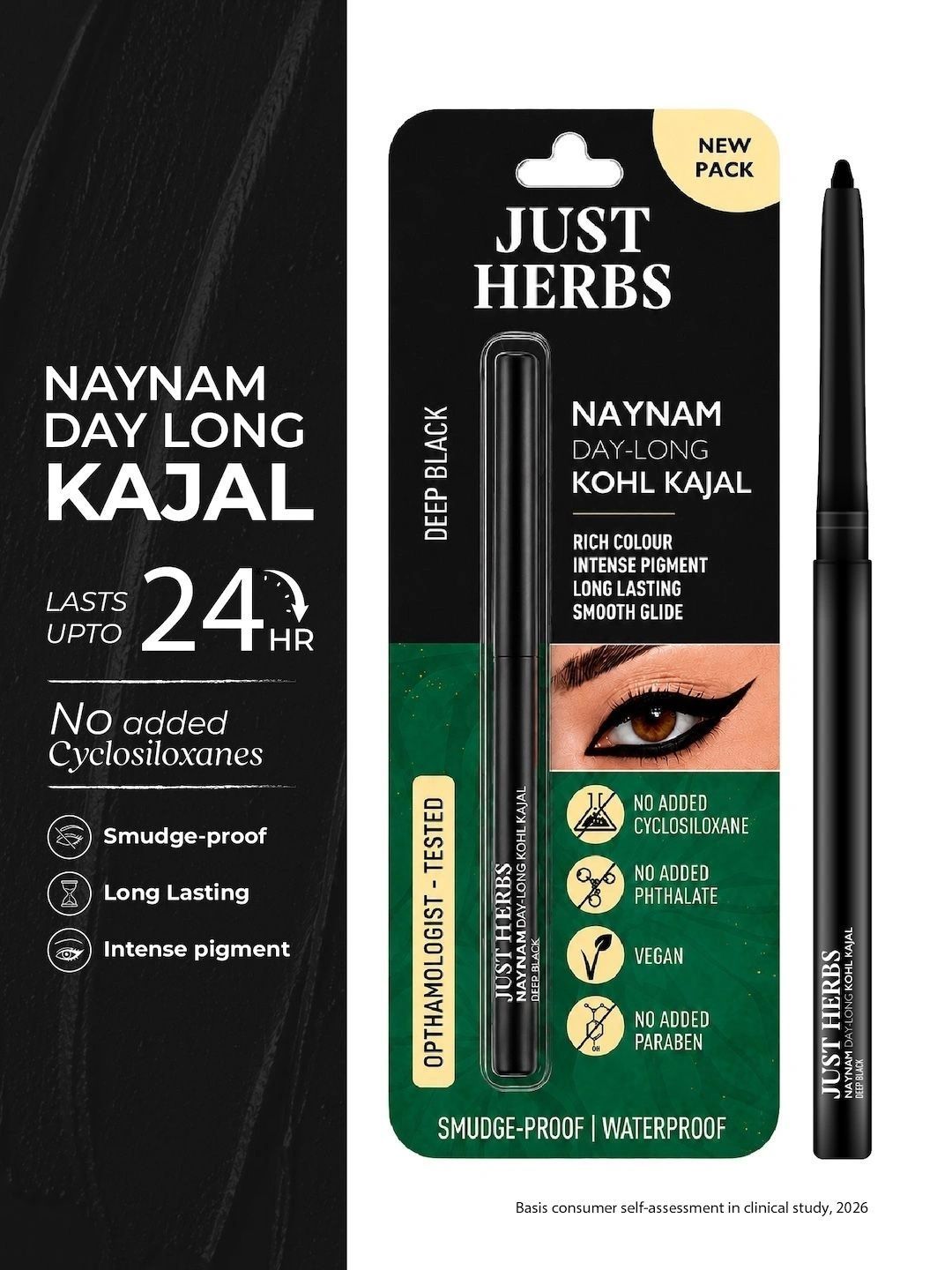 Just Herbs Naynam Day-Long 2-In-1 Kohl Kajal with Almond Oil & Vitamin E - Deep Black