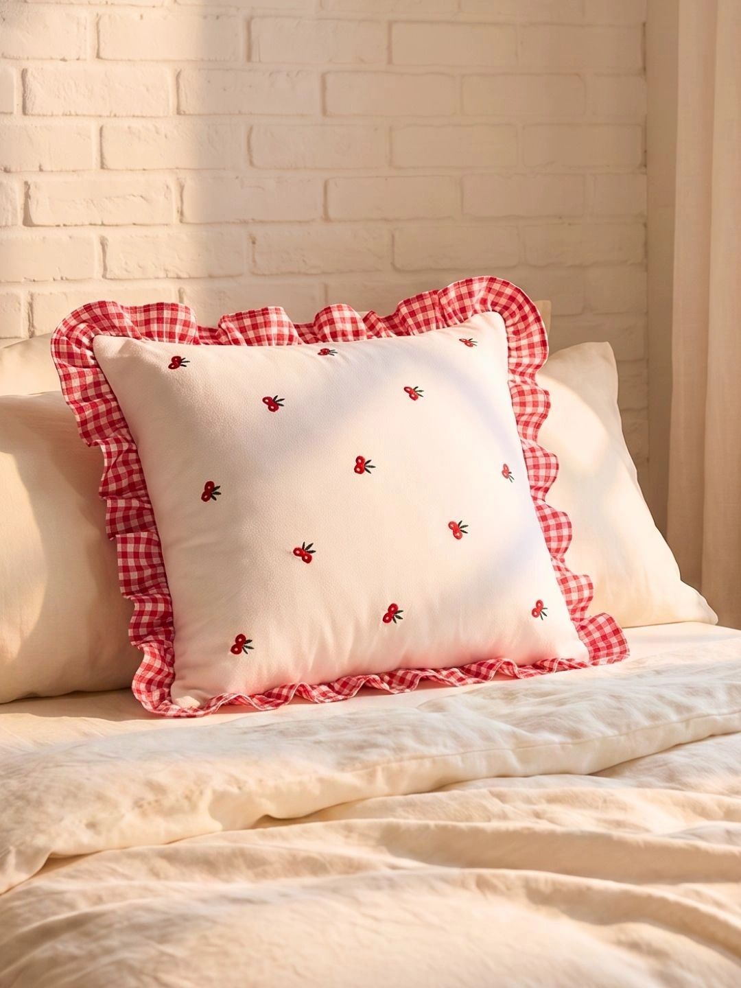 SLEEPY THREADS Red & White Embroidered Square Cushion Cover