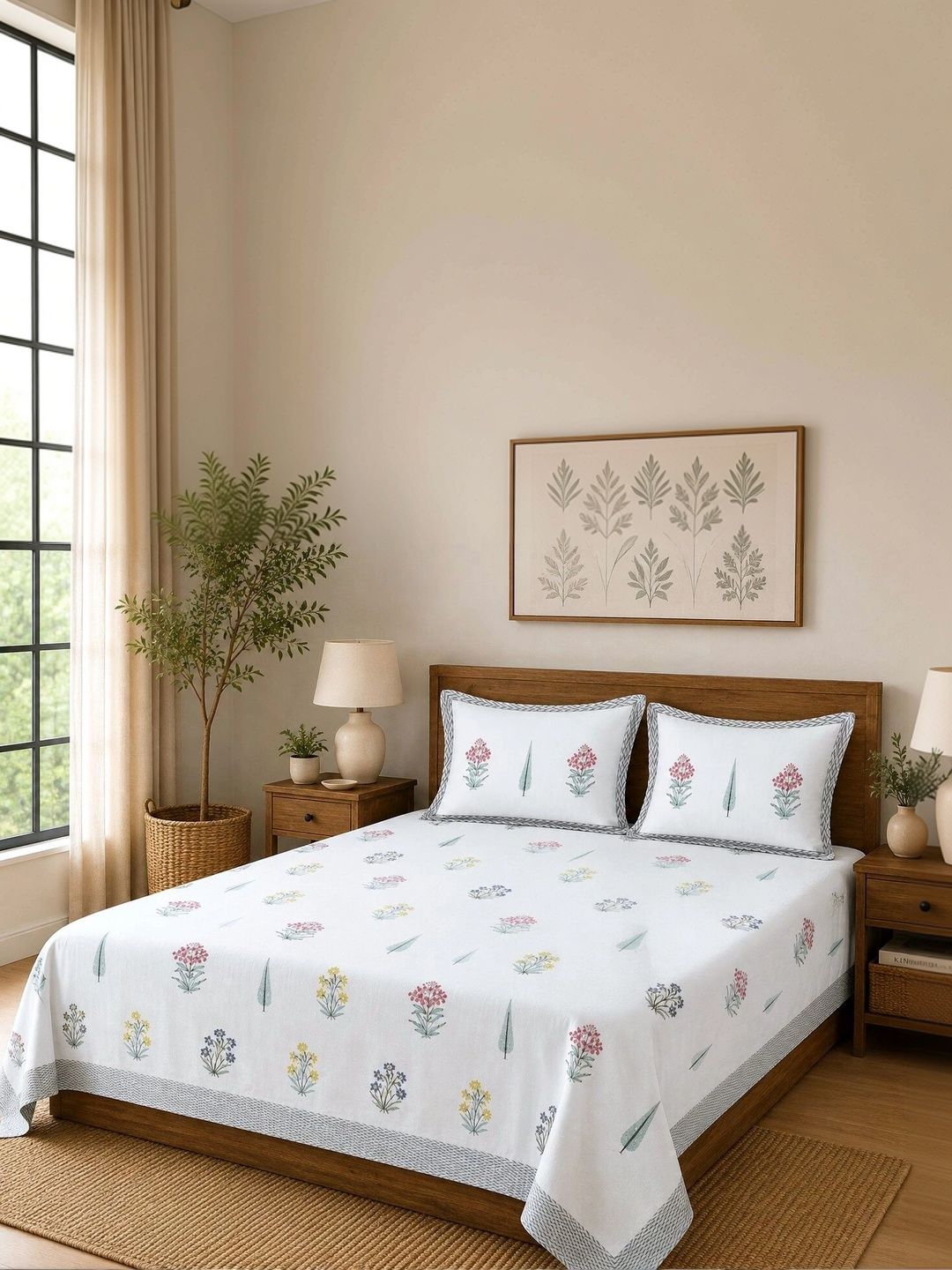 Buy Rajasthan Decor White & Red Printed Pure Cotton 210 TC Super King Bedsheet Set 2.5 M X 2.7 M -  - Home for Unisex
