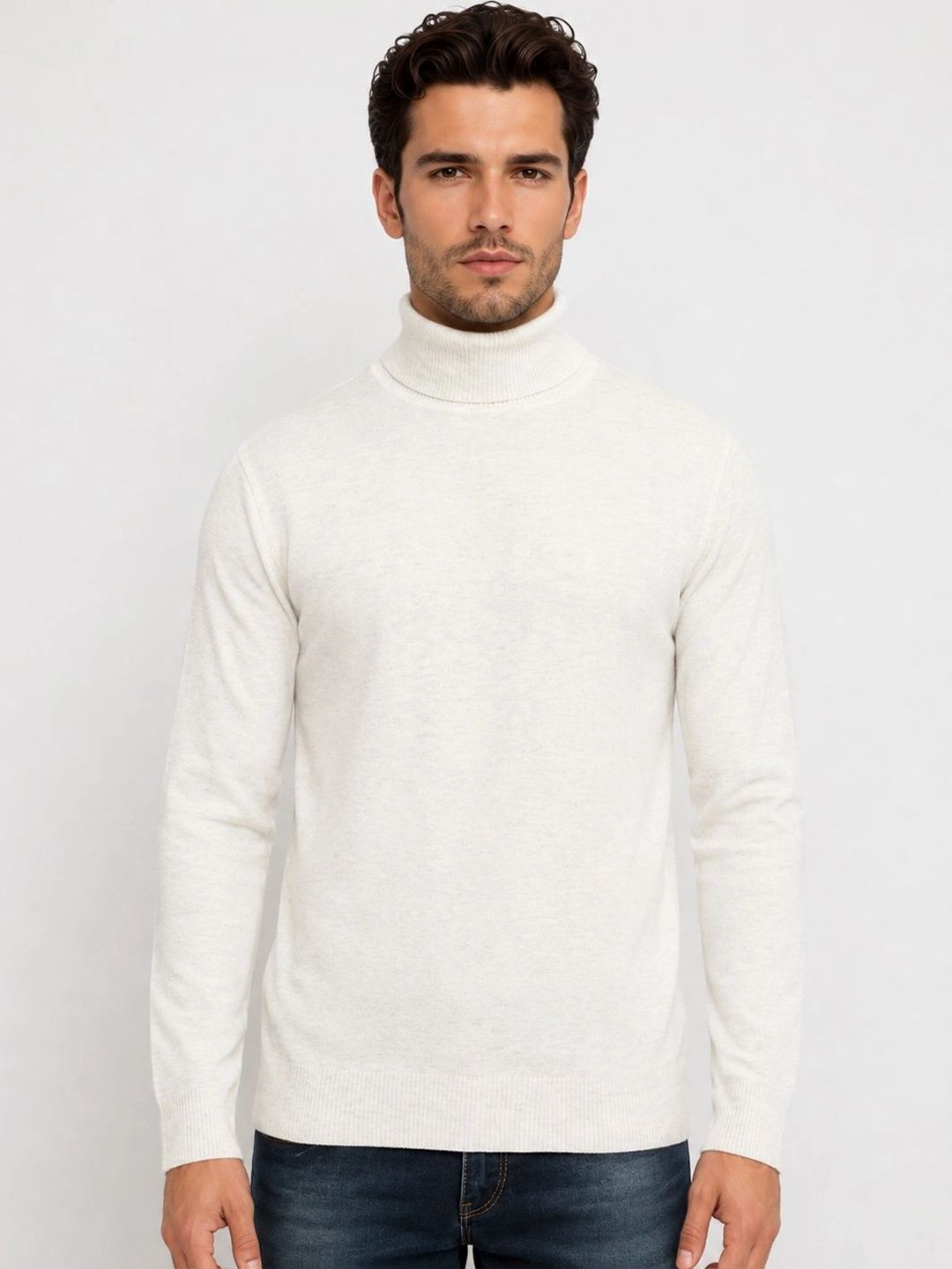 Status Quo Men Ribbed Hemline Turtle Neck Pullover Acrylic Sweater