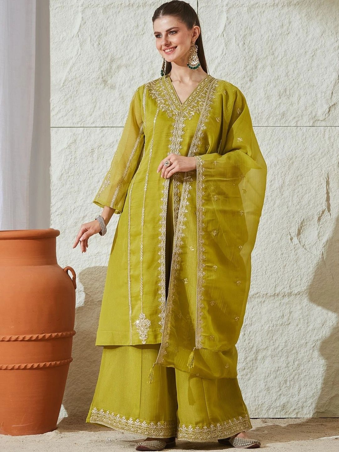 MOKOSH Women Embroidered Anarkali Kurta and Palazzo Set with Dupatta