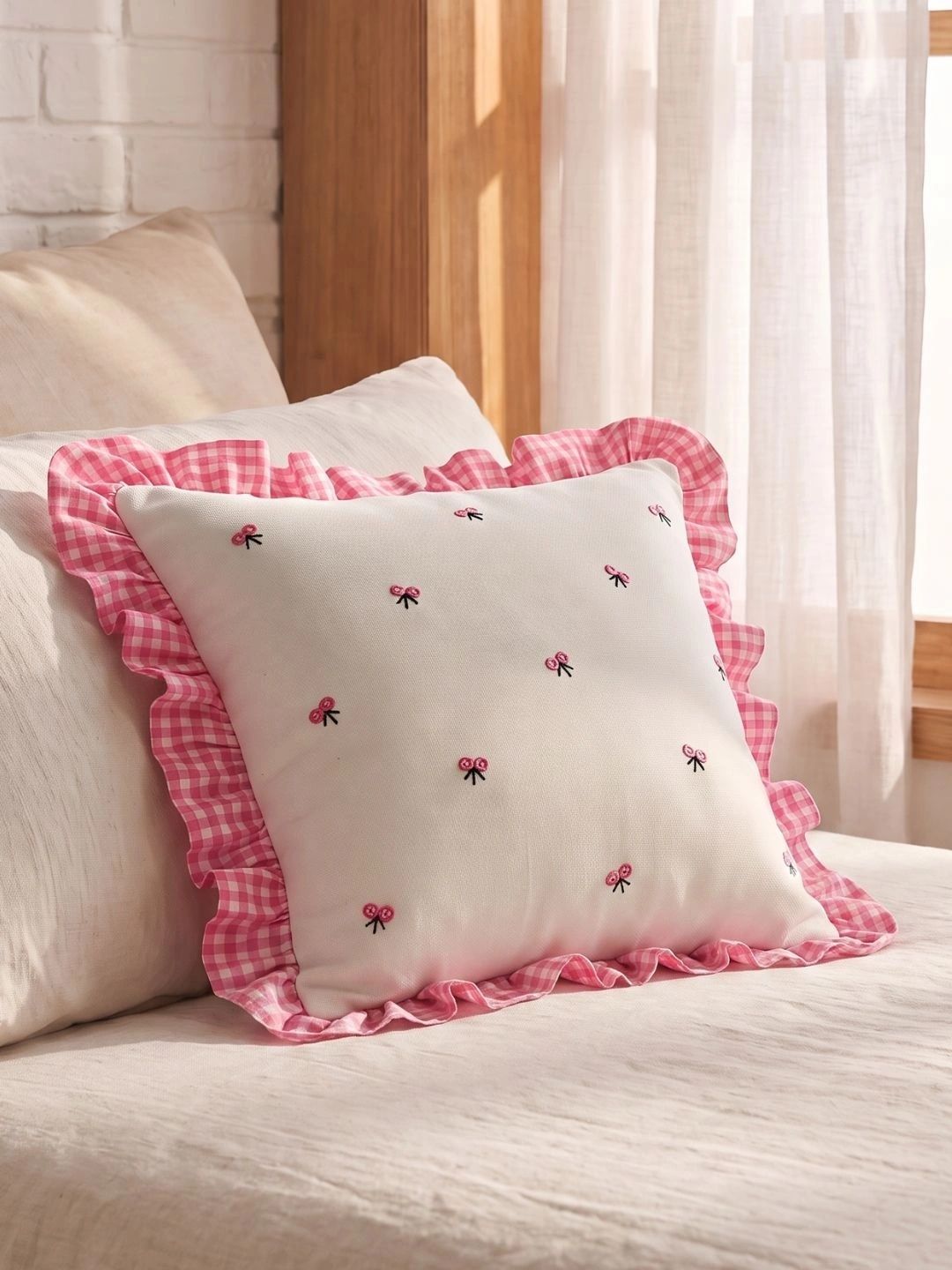 SLEEPY THREADS White & Pink Floral Square Embroidered Cushion Covers