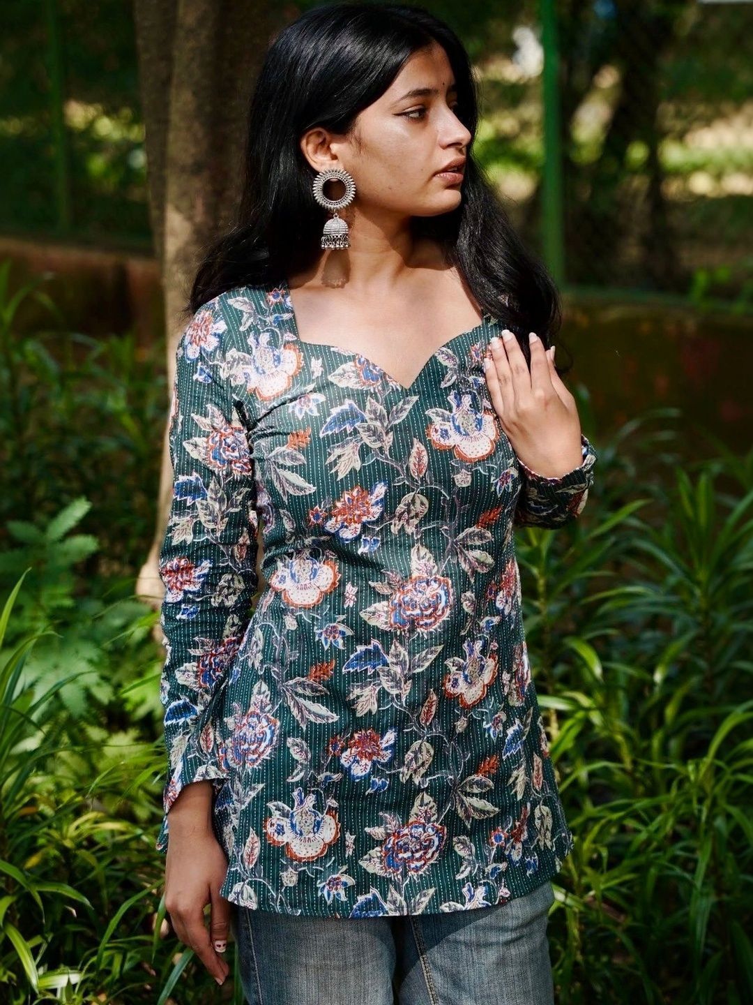 mudscare Floral Printed Square Neck Pure Cotton Kurti