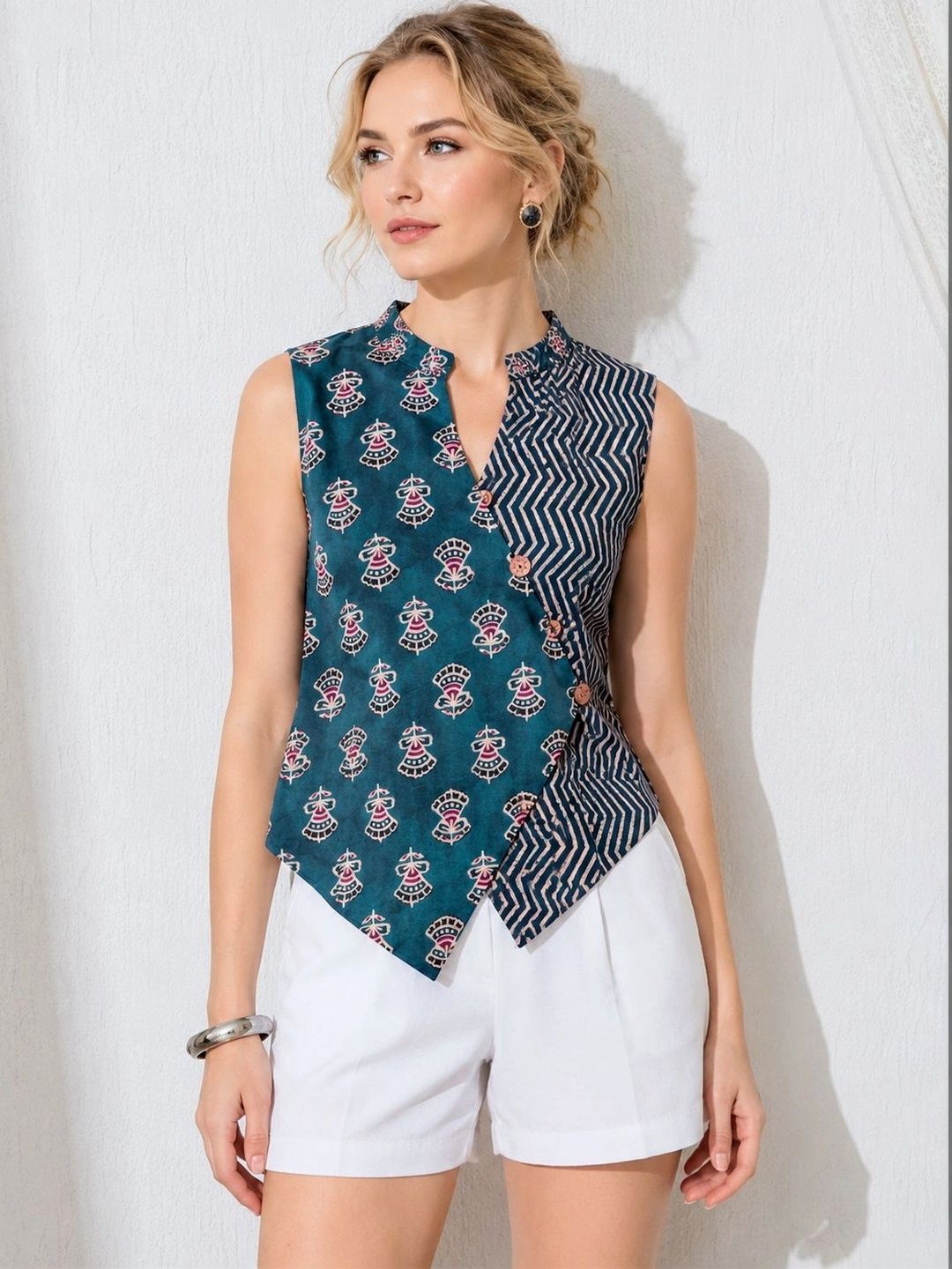 Maruti Tex Geometric Colourblocked Mandarin Collar Organic Cotton Wrap Top