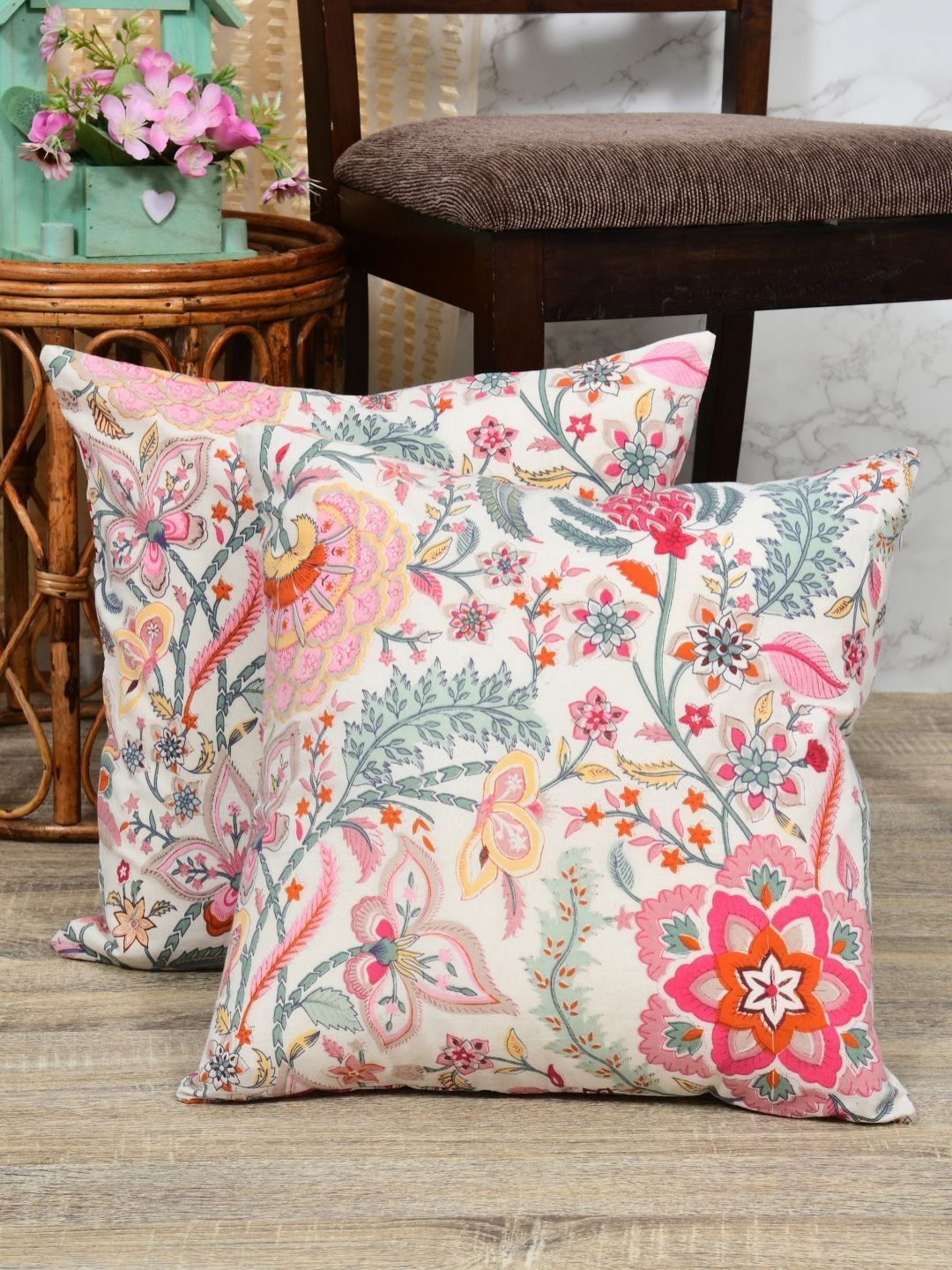 Clasiko White Floral Cotton Breathable 2 Piece Square Cushion Covers -16x16In