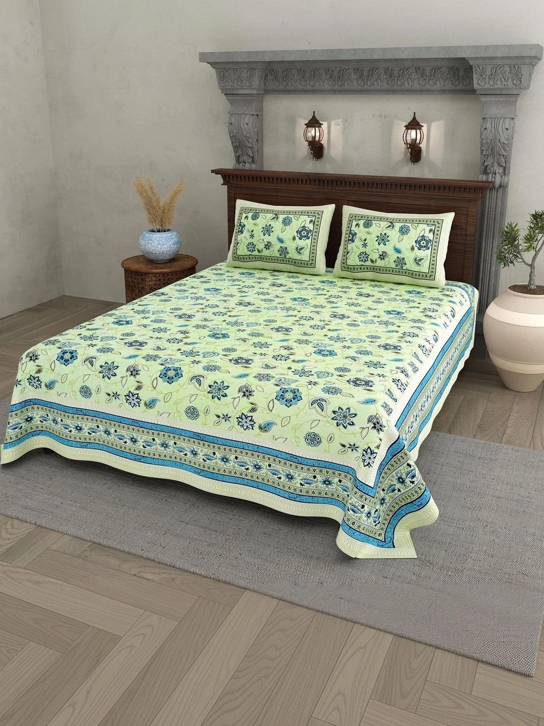 Buy Myntra Elegant Homes Green & Blue Floral 180 TC King Bedsheet With 2 Pillow Covers -  - Home for Unisex