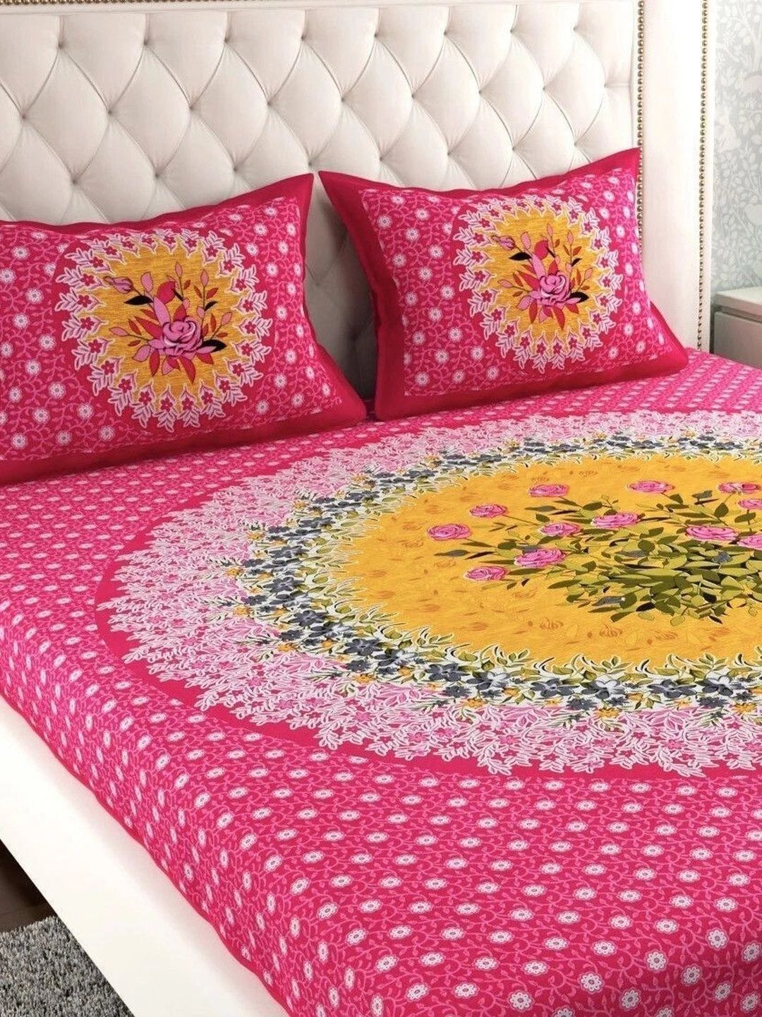 Buy Myntra Elegant Homes Pink & Yellow Floral 180 TC King Bedsheet With 2 Pillow Covers -  - Home for Unisex
