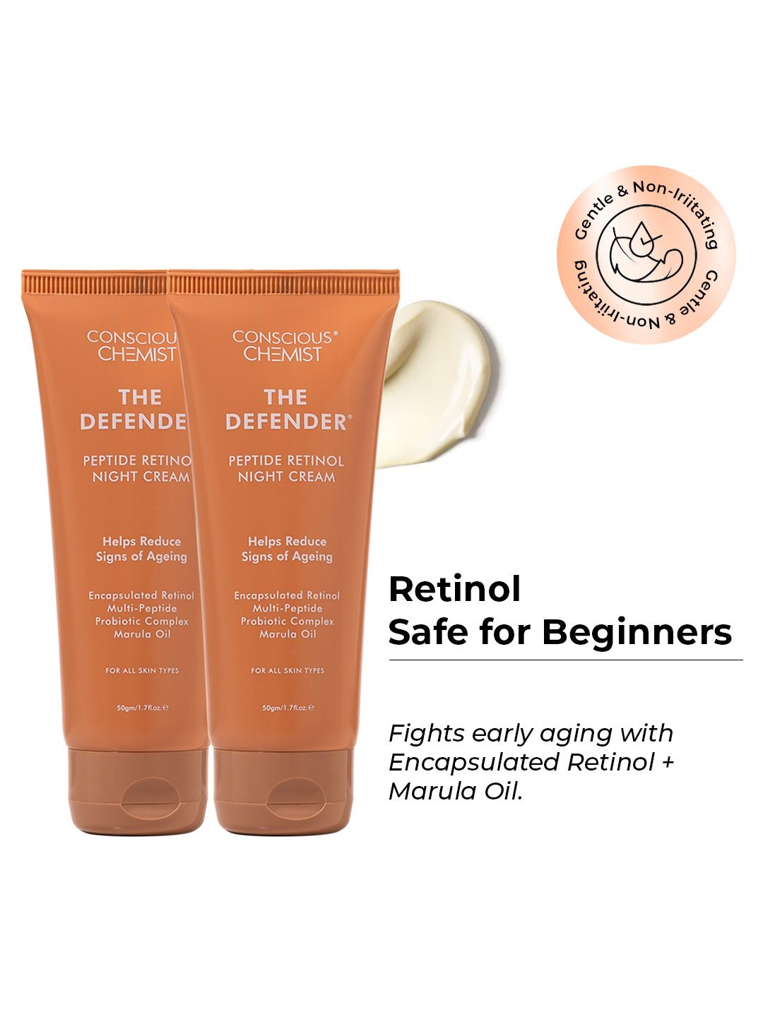 Conscious Chemist Set of 2 Multi Peptide Retinol Anti Aging Night Cream for Fine Lines