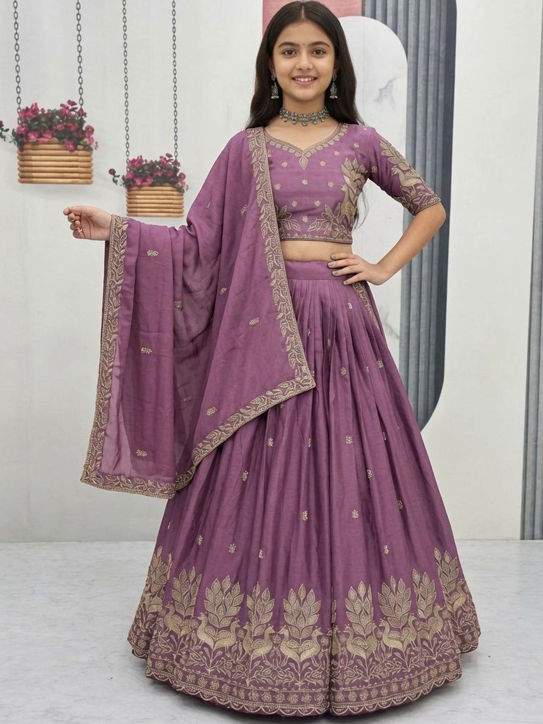 Closin Girls Embroidered Thread Work Ready to Wear Lehenga & Unstitched Blouse With Dupatta