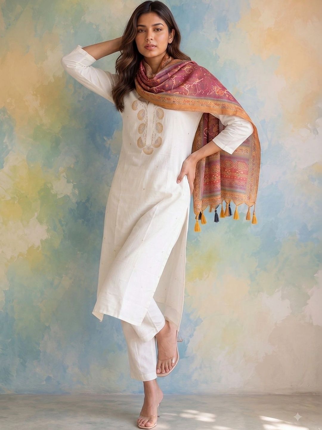 AADVIKA Women Ethnic Motifs Embroidered Regular Thread Work Kurta with Trousers & With Dupatta