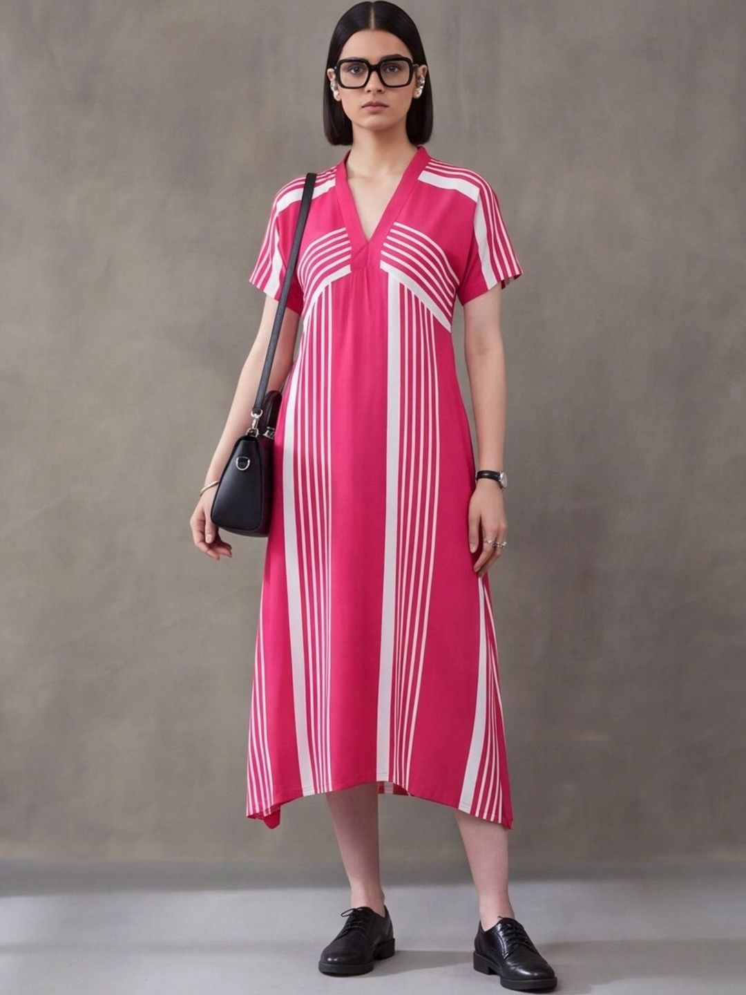 Navibhu Striped V-Neck A-Line Dresses