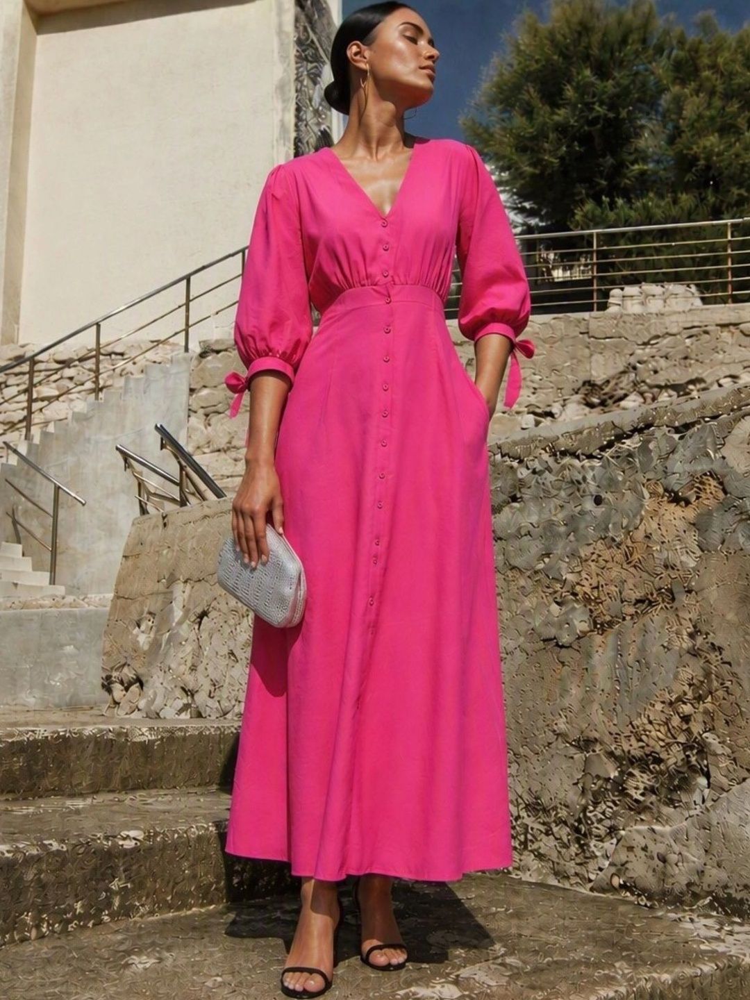 Virgio Solid Cotton V-Neck Maxi Three-Quarter Sleeves Dress for Women