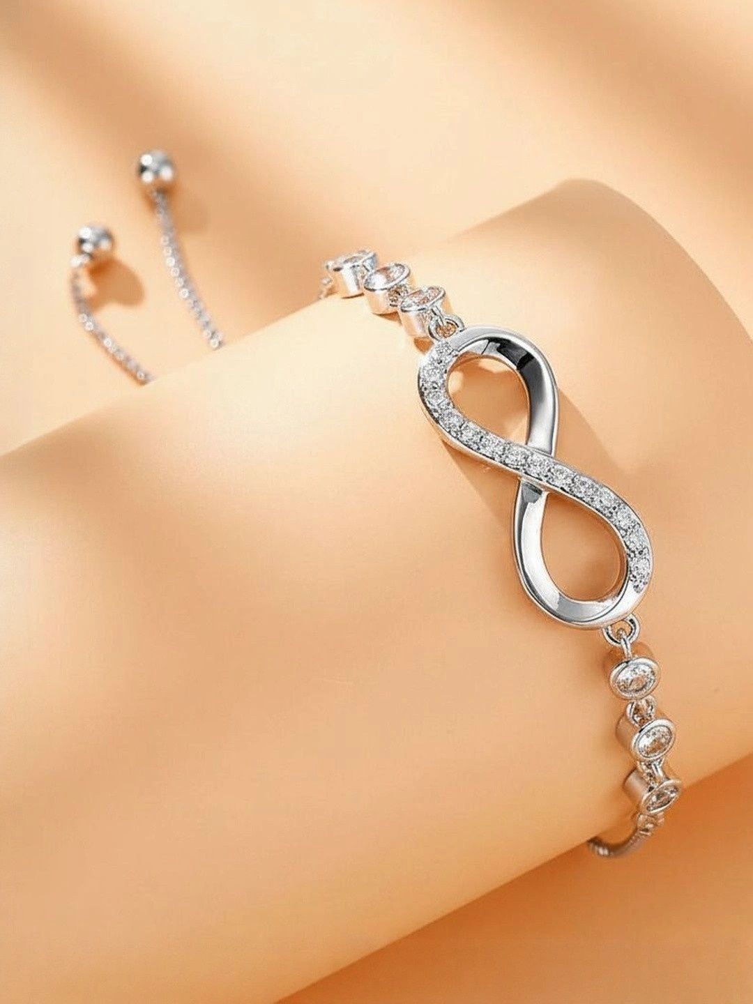 SUGARFRILL CZ Silver Plated Infinity Charm Adjustable Bracelet