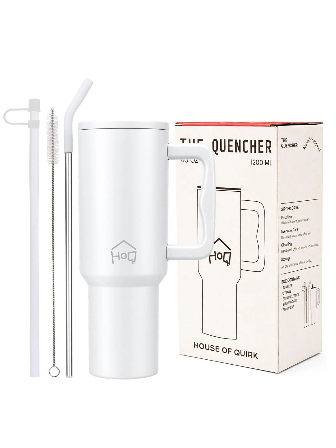 House of Quirk White Travel Coffee Mug with Handle & Straw 1.2 L