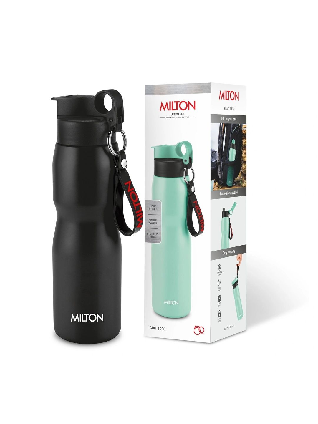 Milton Grit 1000 Black Stainless Steel Leak-Proof ISI Certified Water Bottle - 925 ml