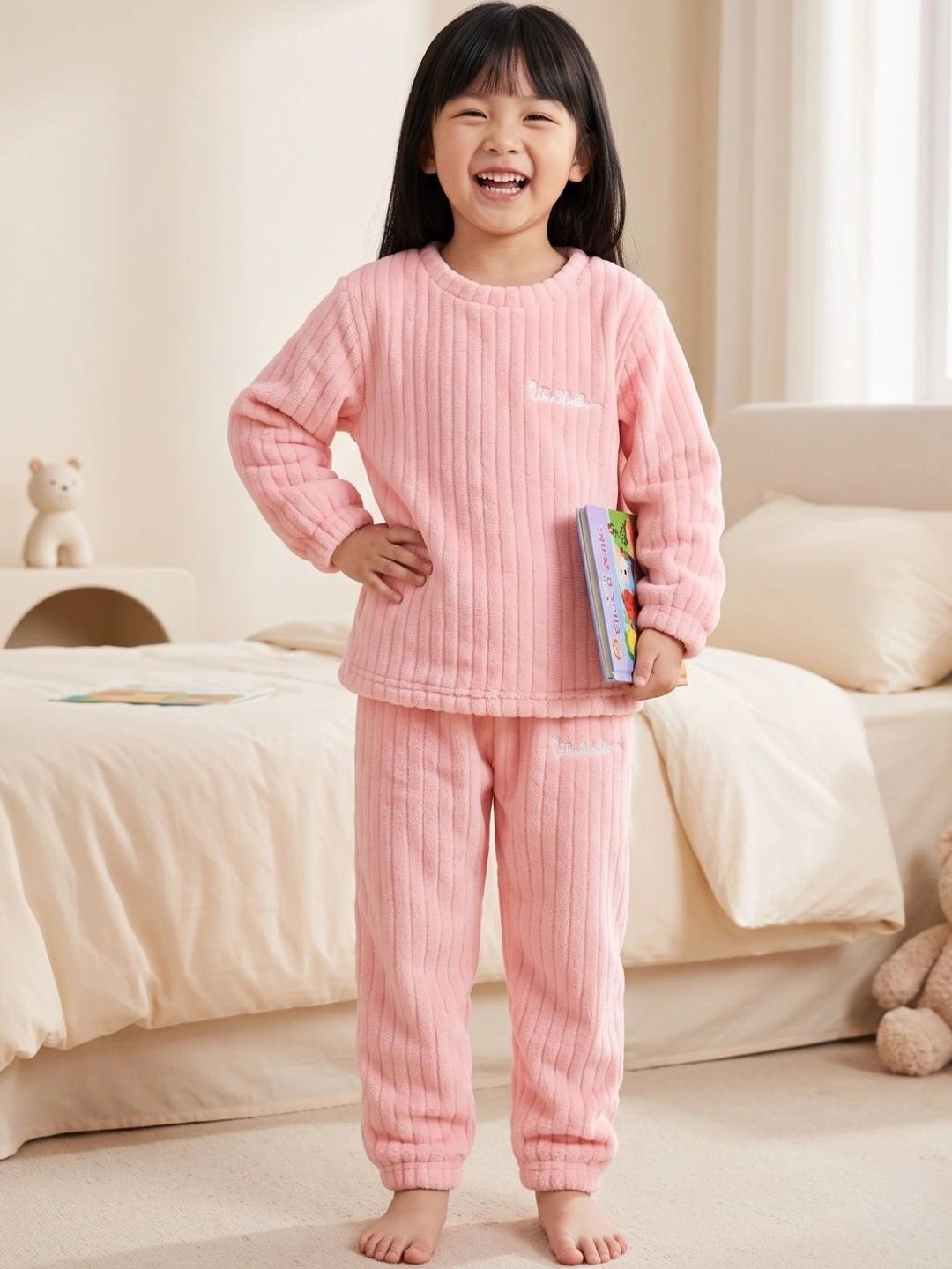 Lugo Kids Unisex Pink Ribbed Full Sleeve Top & Pyjama Set