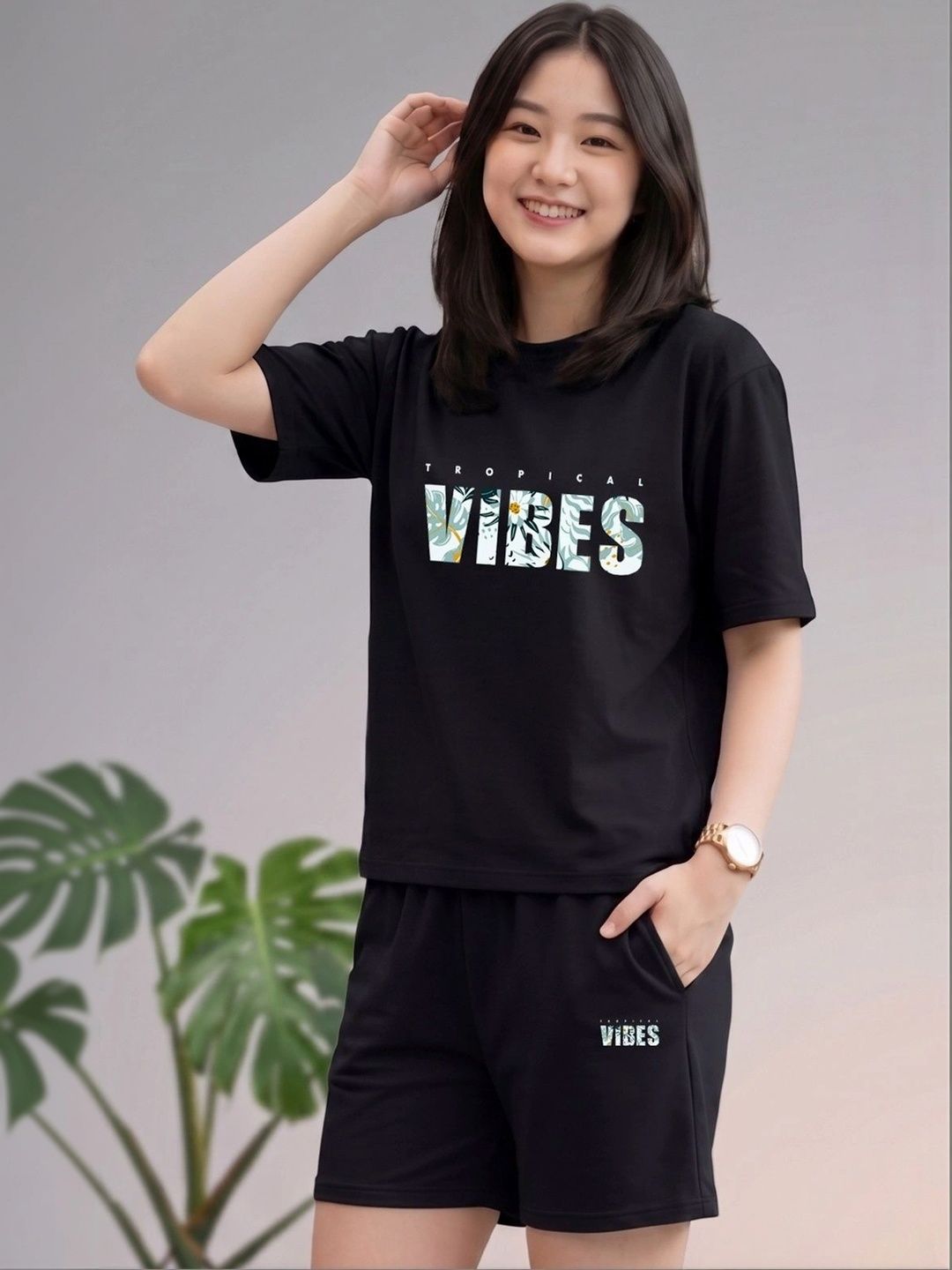 Tropical Vibes Black T-Shirt and Shorts Co-ords