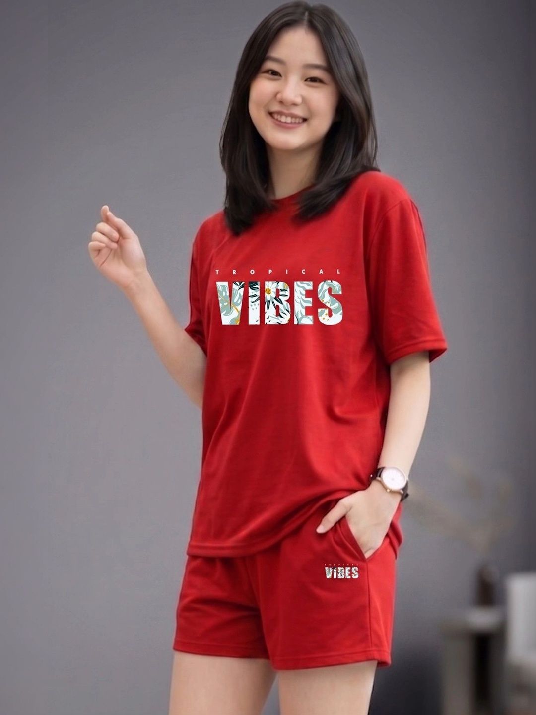 Red Tropical Vibes T-Shirt and Shorts Set