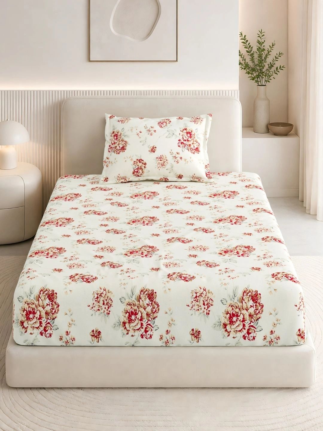 haus & kinder Off White & Brown Floral 186 TC Single Bedsheet with 1 Pillow Covers