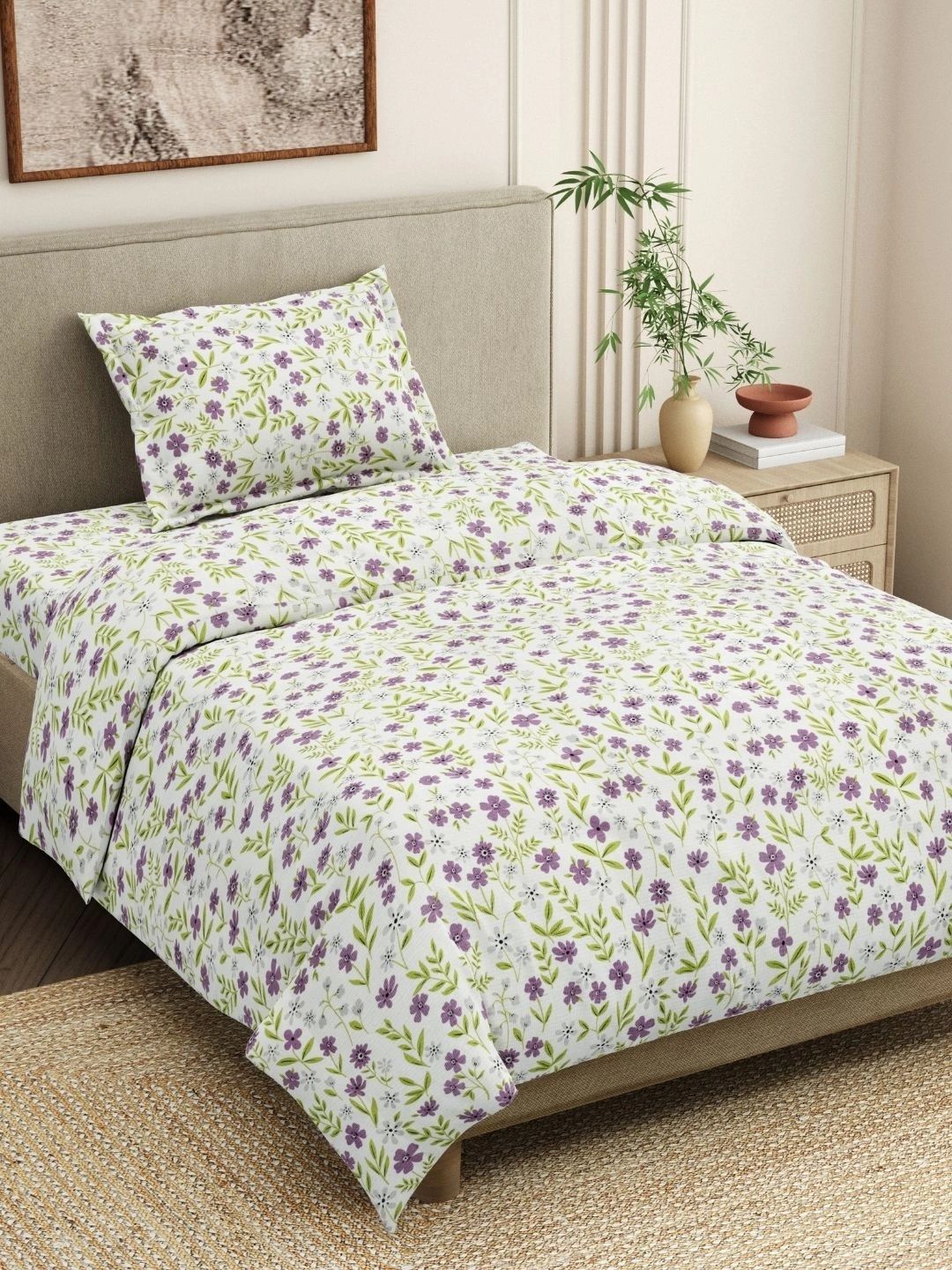 haus & kinder Off White Floral 186 TC Single Bedsheet with 1 Pillow Covers