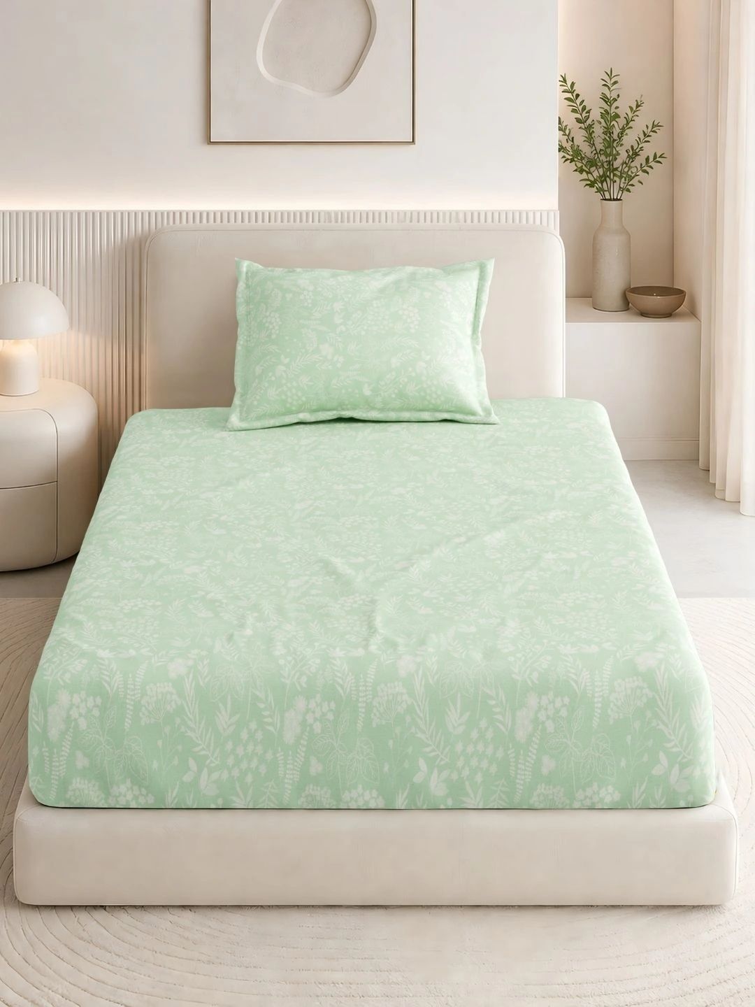 haus & kinder Green Floral 186 TC Single Bedsheet with 1 Pillow Covers
