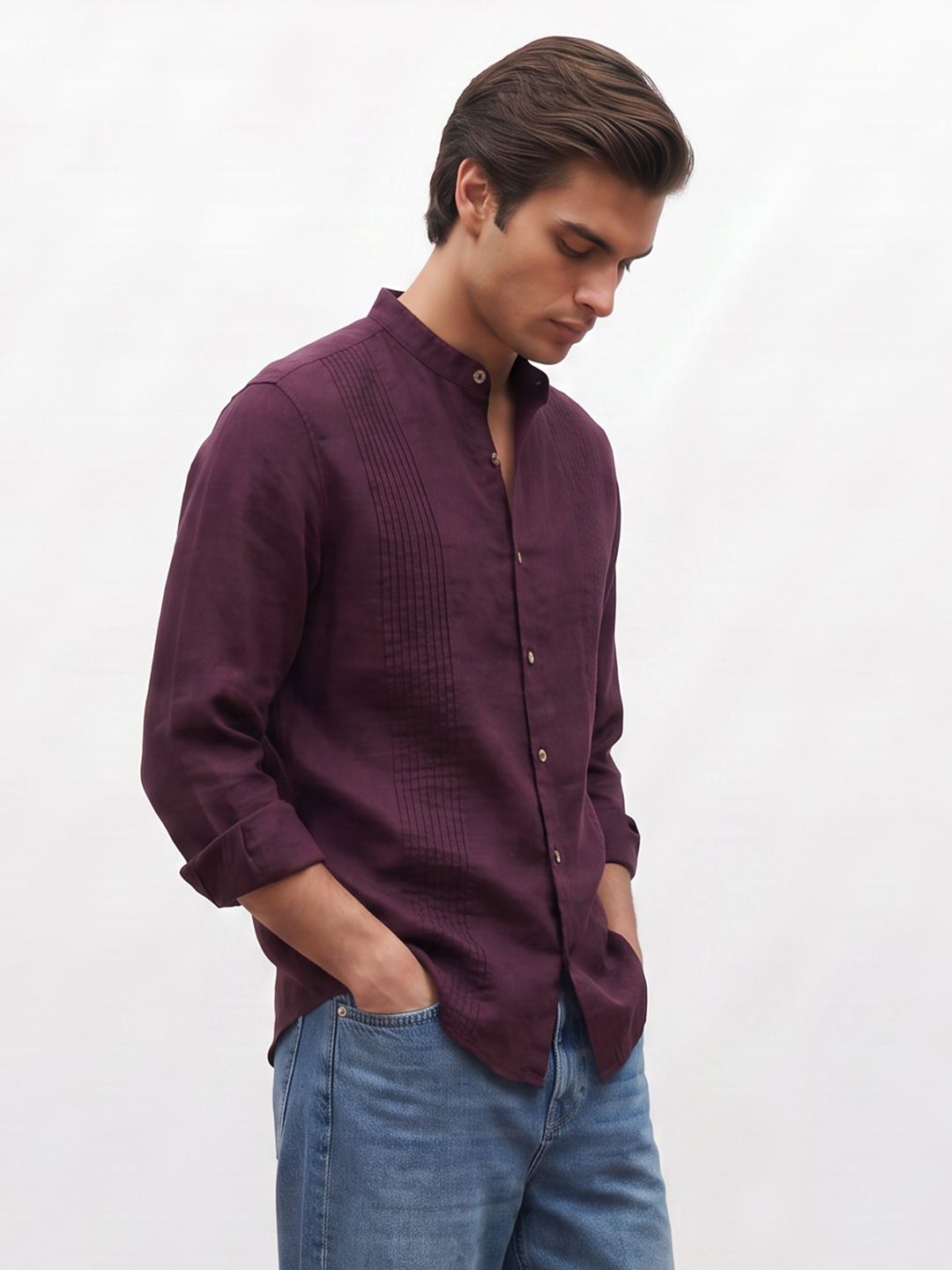 Mr Bowerbird Pintucked Wine Casual Shirt