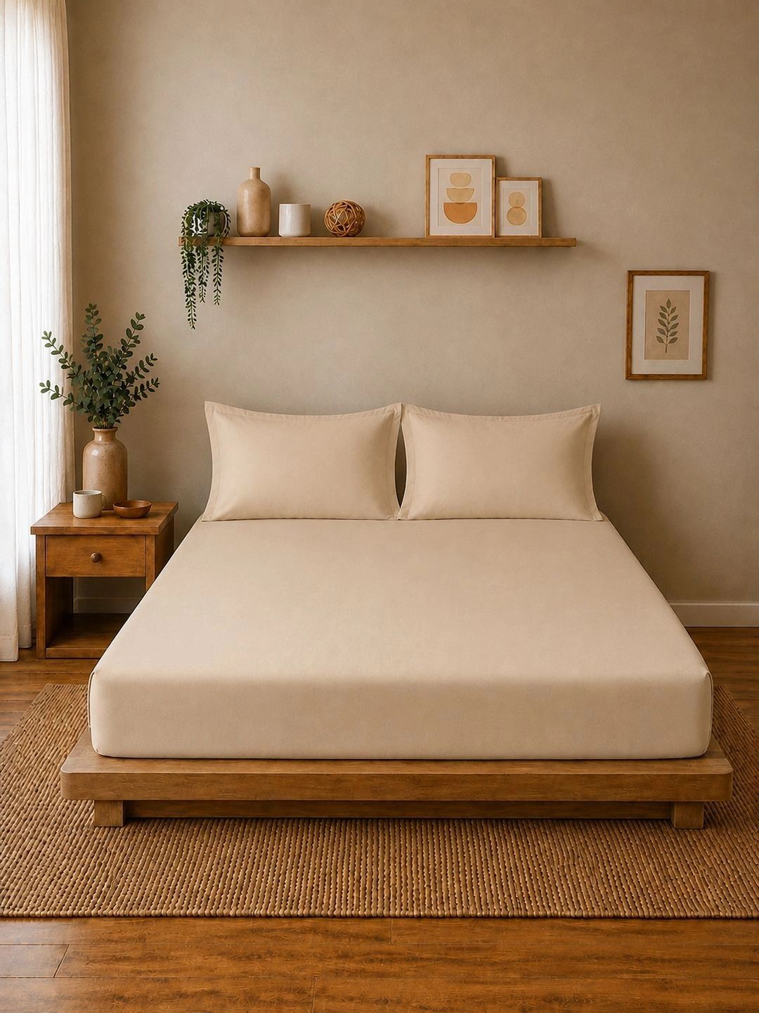Linen Home Light Taupe 200 TC King Size Fitted Sheet Set with 2 Pillow Covers