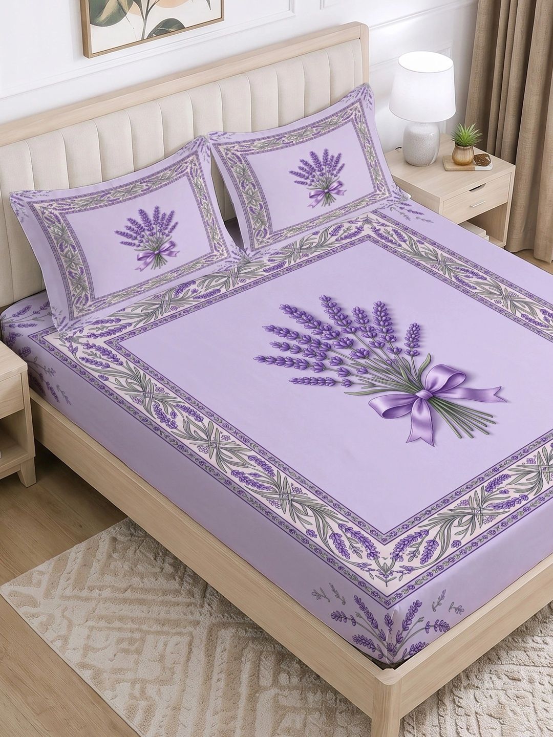 CG HOMES Purple Floral 300 TC Bedsheet with 2 Pillow Covers