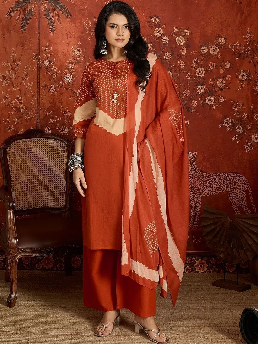 Sangria Women Printed Regular Pure Cotton Kurta with Palazzos & With Dupatta