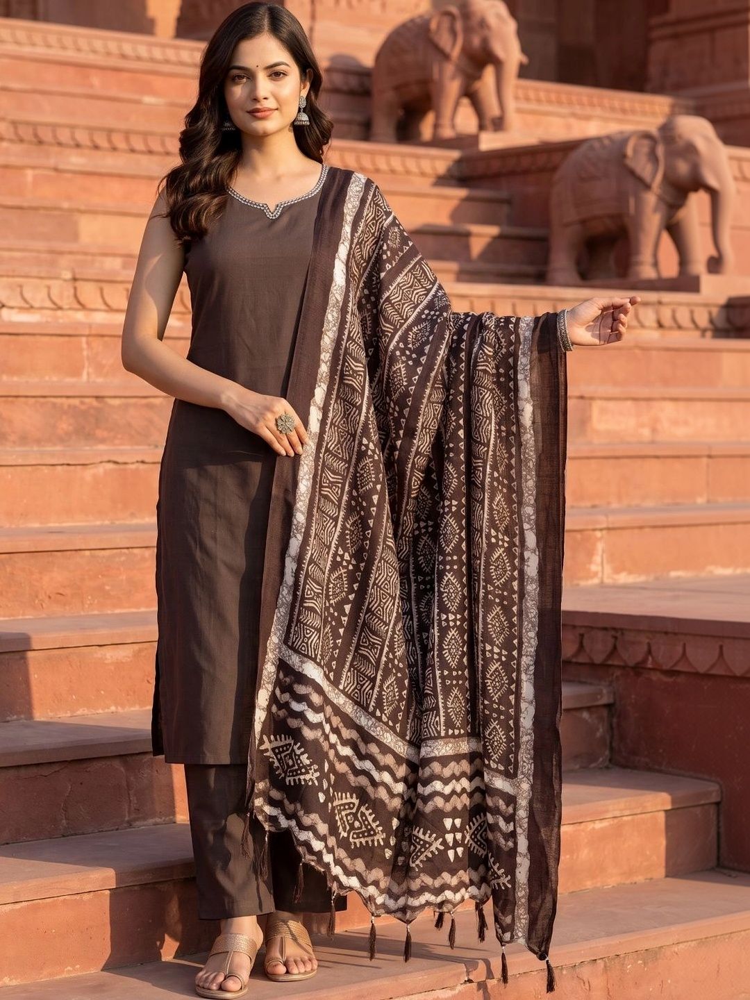 BrownEra Women Ethnic Motifs Regular Thread Work Pure Cotton Kurta with Trousers & With Dupatta