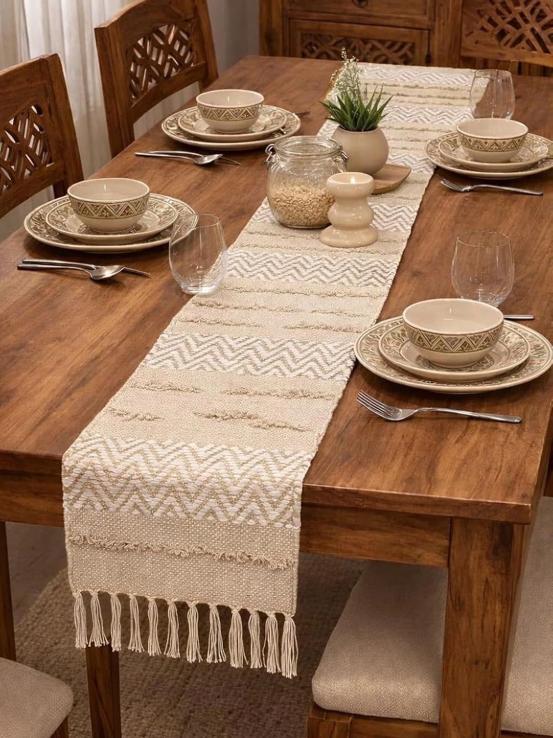 RD TREND Beige Embroidered Pure Cotton Table Runner