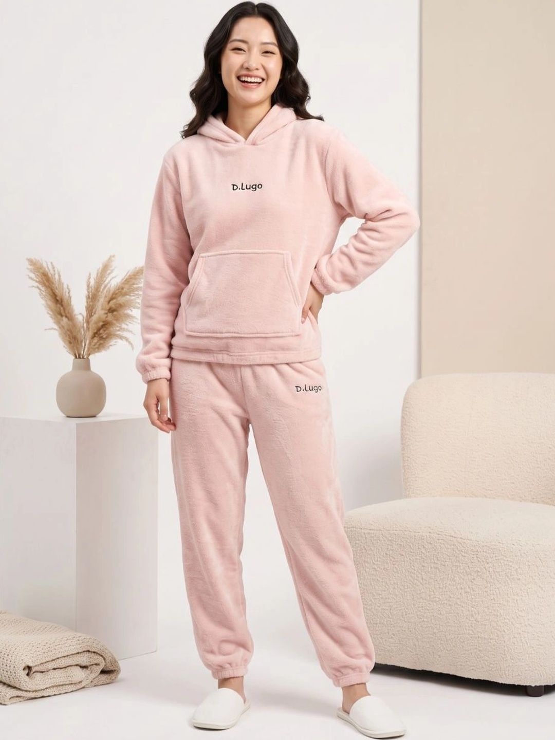 Women's Soft Plush Pink Hooded Top & Pyjama Set