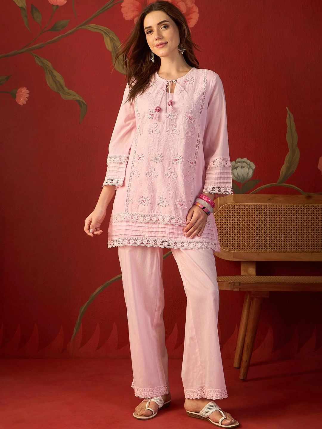 Sangria Women Ethnic Motifs Embroidered Regular Thread Work Pure Cotton Kurta with Palazzos