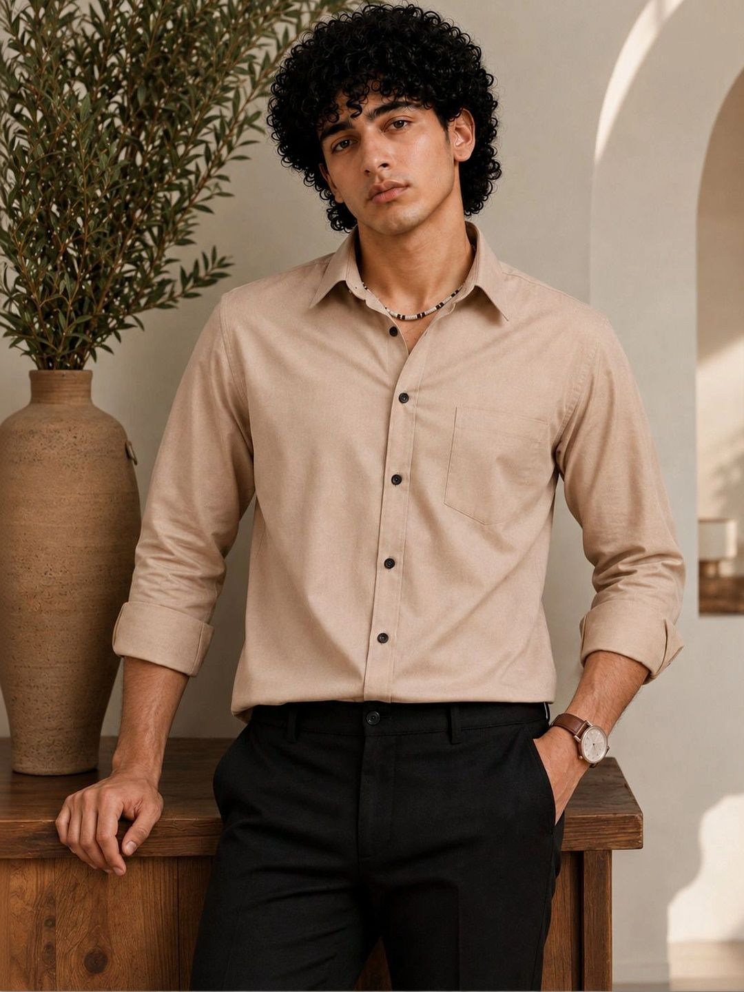 pihu Men Cotton Tailored Fit Semi Sheer Spread Collar Casual Shirt