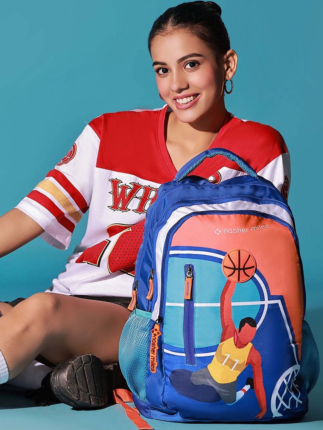 Nasher Miles Blue Basketball Theme 3 Compartments & Raincover Laptop Backpack 45L