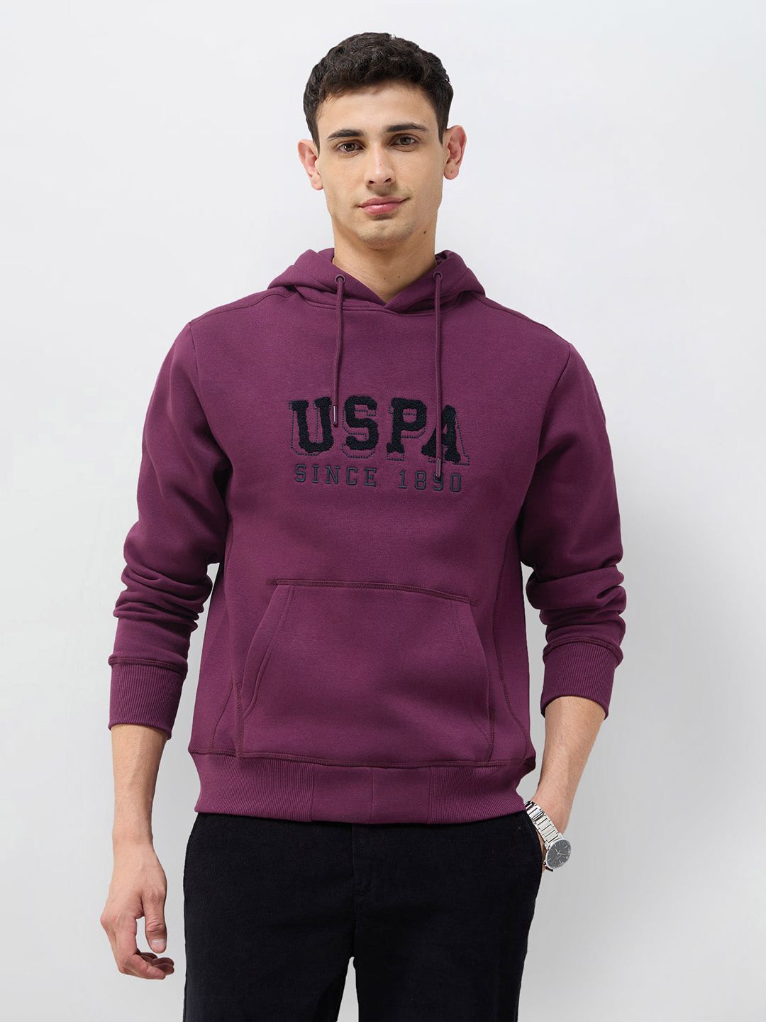 U.S. Polo Assn. Brand Logo Applique Detail Hooded Fleece Pullover