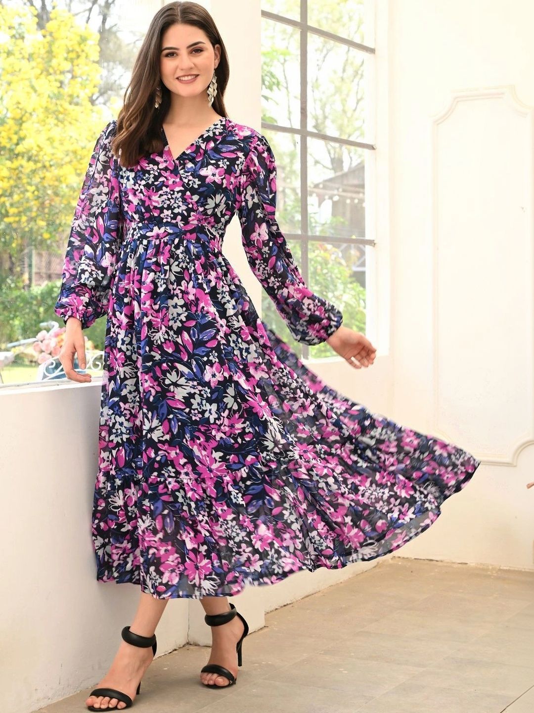 IndoBella Floral Print Georgette A-Line Midi Dress