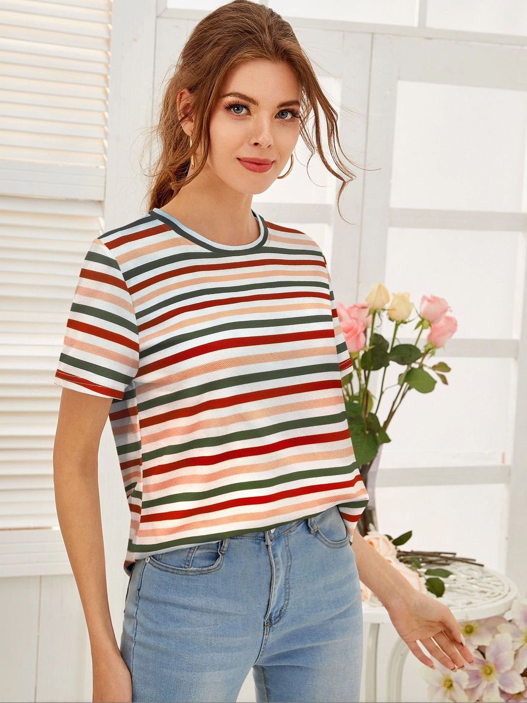 Striped Printed Short Sleeve Round Neck Top