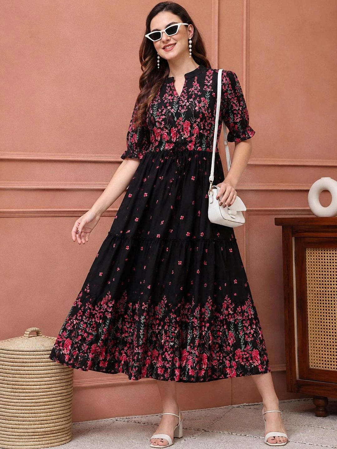 IndoBella Floral Print Georgette A-Line Midi Dress