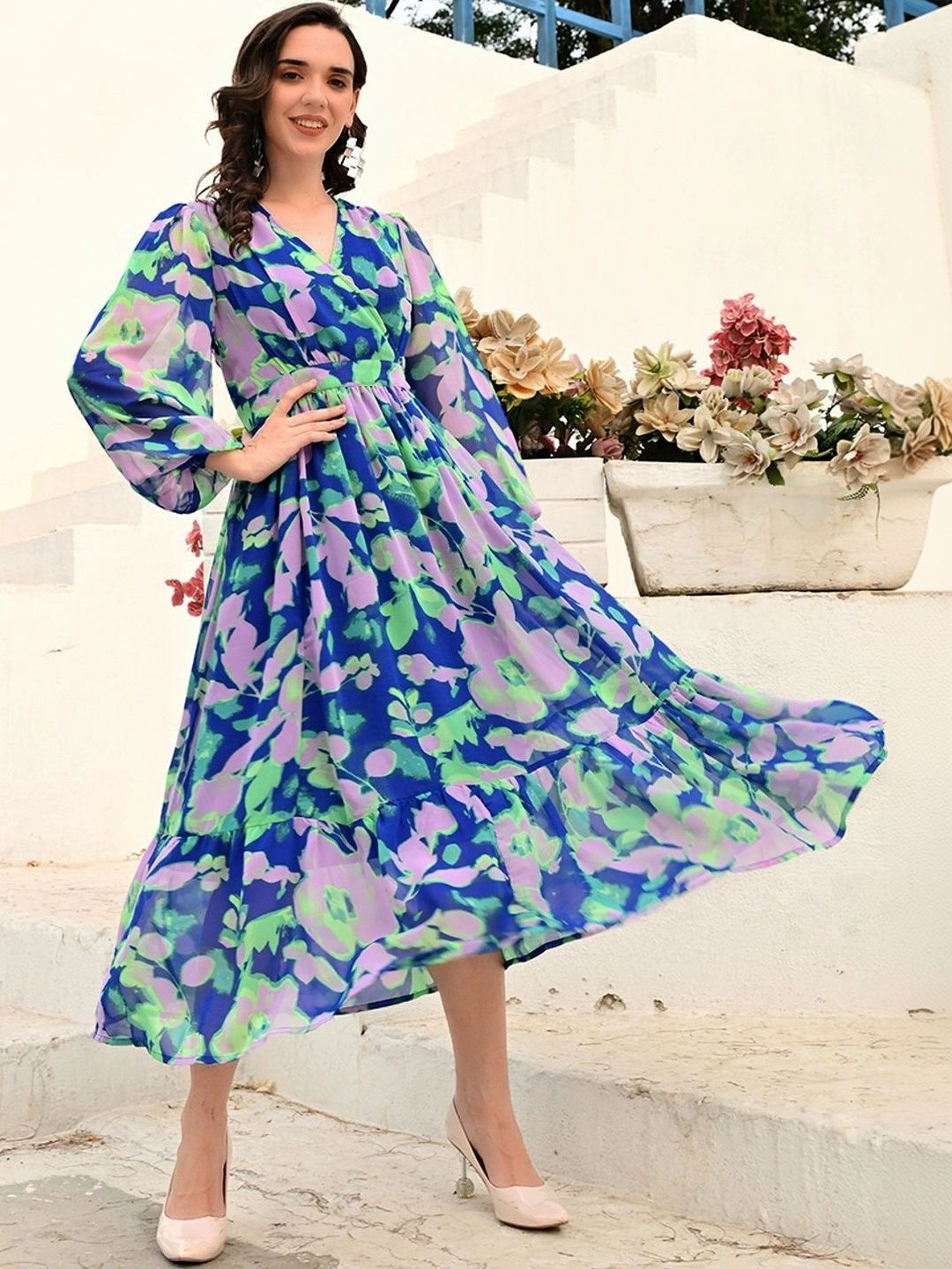IndoBella Print Puff Sleeve Georgette A-Line Midi Dress