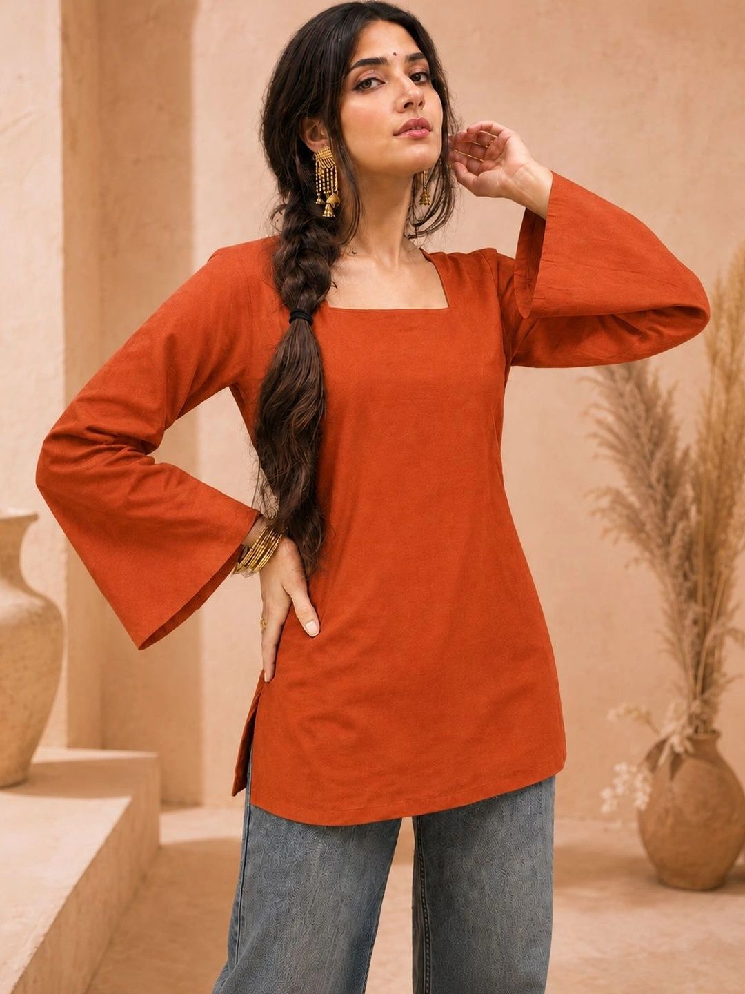 KALAMIR Flared Sleeve Cotton Blend Top