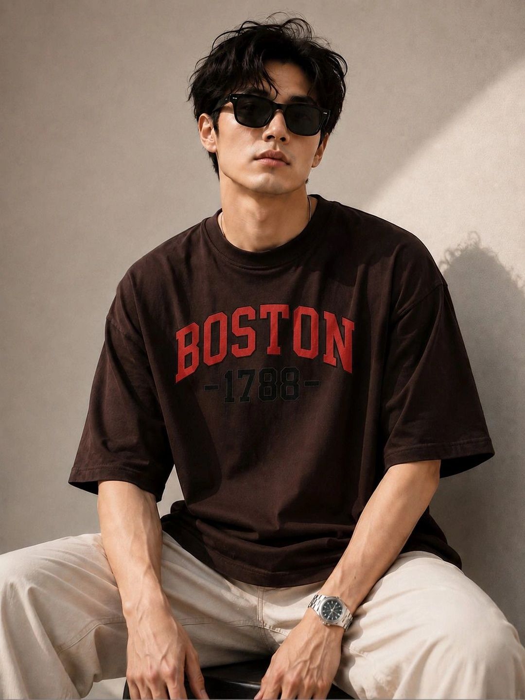 Men's Oversized Typography T-shirt with Drop-Shoulder Sleeves