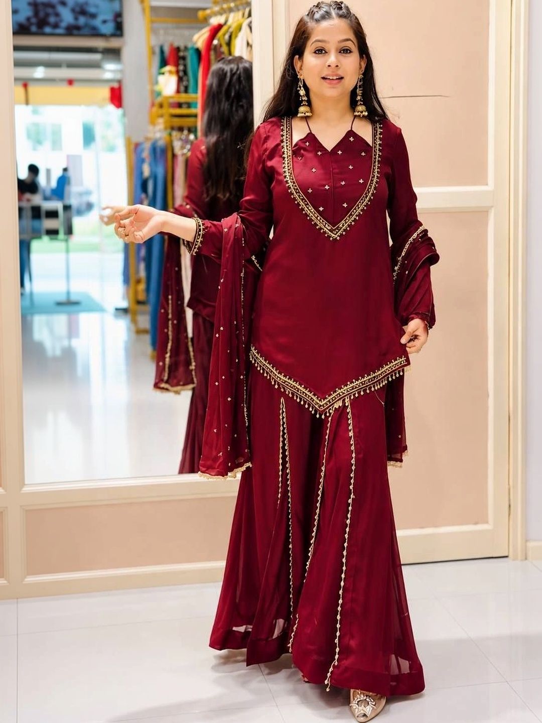 VastraBazaar Women Ethnic Motifs Embroidered Regular Pure Silk Kurta with Sharara & With Dupatta